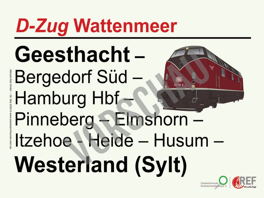 Zuglaufschild Geesthacht Westerland 30.05.2026