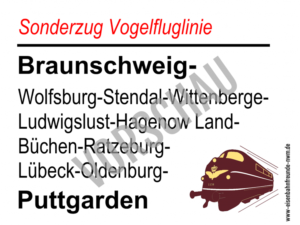 Zuglaufschild Abschiedsfahrt Vogelfluglinie (Braunschweig – Puttgarden)