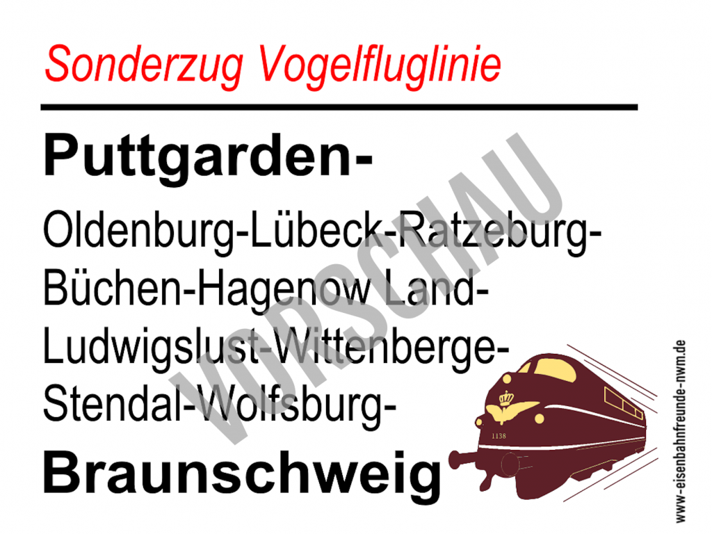 Zuglaufschild Abschiedsfahrt Vogelfluglinie (Puttgarden – Braunschweig)