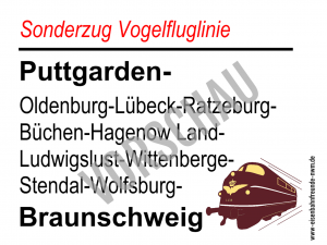 Zuglaufschild Abschiedsfahrt Vogelfluglinie (Puttgarden - Braunschweig)