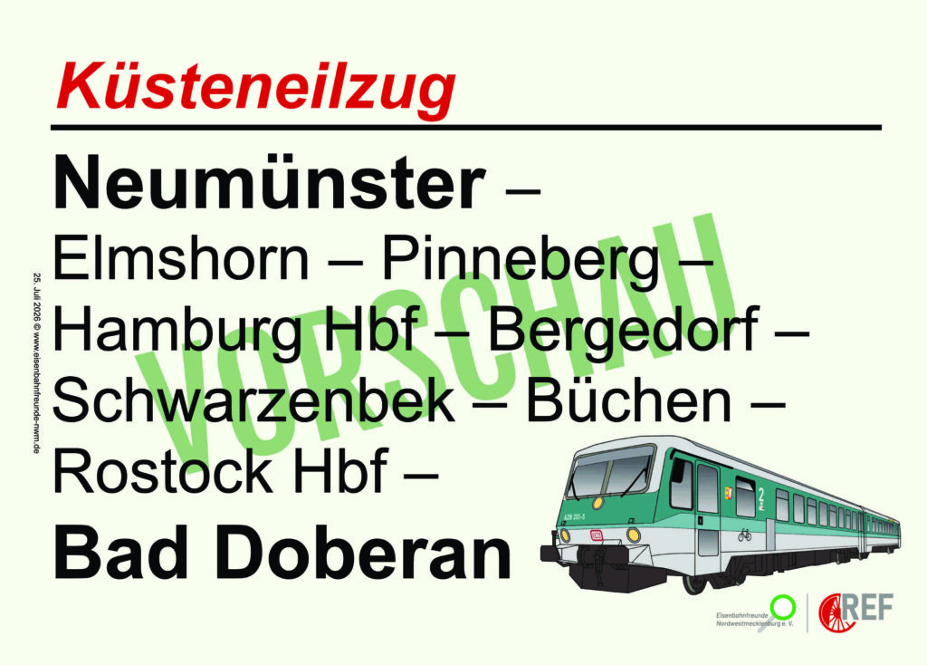 Zuglaufschild Neumünster-Bad Doberan 25.07.2026